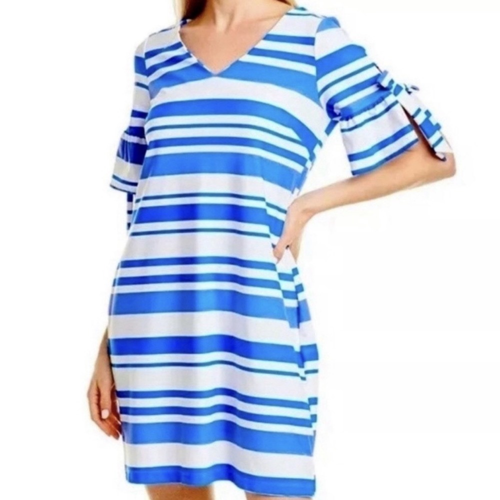 Jude Connally Blue White Striped Tie Sleeve Dress Size MEDIUM Judecloth